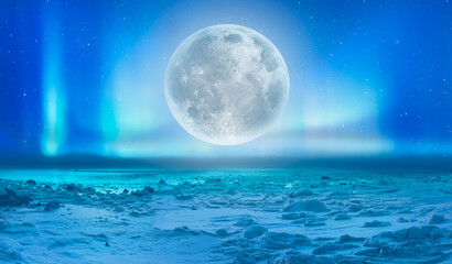 Wall Mural - northern lights (aurora borealis) in the sky with super full moon - tromso, norway 