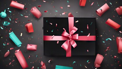 Wall Mural - black gift boxes with ribbon and confetti on black background with blank space. new year. Birthday or black friday, holiday concept