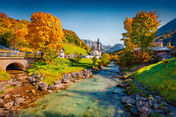 Wall Mural - spectacular morning scene of parish church of st. sebastian. colorful autumn view of ramsau village,
