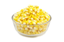 Raw Yellow Corn Seeds In Glass Bowl Isolated On White Background