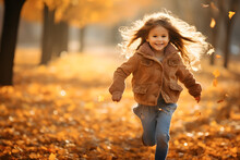 Beautiful Little Girl Happily Running In Autumn Park With Leaves