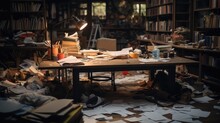 A Messy And Lived-in Workspace, With Scattered Papers, Open Books, And Creative Materials Strewn Across The Desk.