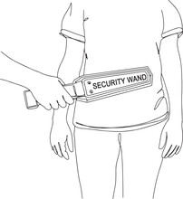 Security Wand Using On People, Passengers At Security Checkpoint - Metal Scanner Illustration, Travel Security Concept - Passengers Pass Security Check, Customs Inspection, Gate Safety 