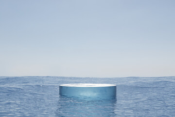 Wall Mural - Abstract 3d render natural background, Ice podium on the wave ocean surface for product display, advertising, mockup, cosmetic or etc