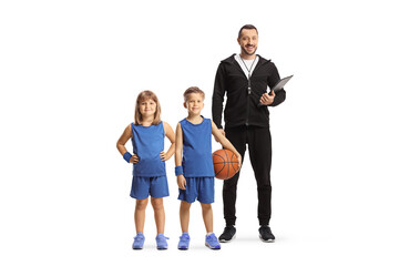 Poster - Coach posing with a girl and boy in basketball kits