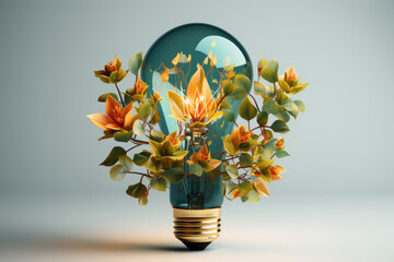 Wall Mural - Eco friendly lightbulb from fresh leaves top vie, concept of Renewable Energy and Sustainable Living , Created with Generative Ai Technology