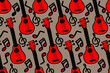 © Alyona - Red ukulele, guitar. Music, notes, song, art. Bright colors. Trendy, stylish, fashionable, seamless vector pattern for design and decoration.