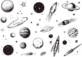 Wall Mural - Space sketch grunge elements. Various abstract planets, comets, spaceships. Hand drawn universe adventures dirty vector clipart