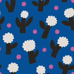 Wall Mural - Cute floral pattern in retro style. Seamless vector texture with simple bold flowers. Cut out flowers and dots background