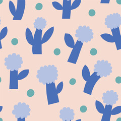 Wall Mural - Cute floral pattern in retro style. Seamless vector texture with simple bold flowers. Cut out flowers and dots background