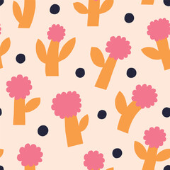 Wall Mural - Cute floral pattern in retro style. Seamless vector texture with simple bold flowers. Cut out flowers and dots background