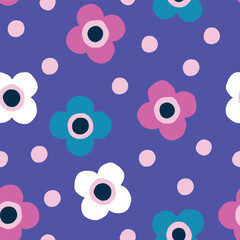 Wall Mural - Cute Floral pattern with dots. Vector seamless texture with simple flowers. Bold floral texture in retro style.