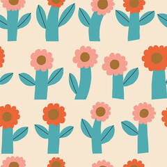 Wall Mural - Cute and simple floral background. Seamless vector pattern with hand drawn bold flowers. Fun botanical texture
