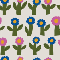 Wall Mural - Cute and simple floral background. Seamless vector pattern with hand drawn bold flowers. Fun botanical texture