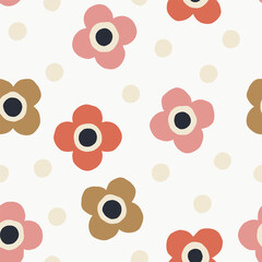 Wall Mural - Cute Floral pattern with dots. Vector seamless texture with simple flowers. Bold floral texture in retro style.
