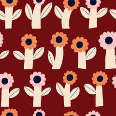 Wall Mural - Cute and simple floral background. Seamless vector pattern with hand drawn bold flowers. Fun botanical texture