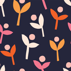 Wall Mural - Cute seamless pattern with abstract flowers and leaves. Vector botanical texture. Modern background with cut out plants
