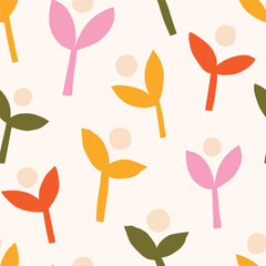 Wall Mural - Cute seamless pattern with abstract flowers and leaves. Vector botanical texture. Modern background with cut out plants
