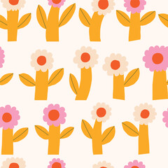 Wall Mural - Cute and simple floral background. Seamless vector pattern with hand drawn bold flowers. Fun botanical texture