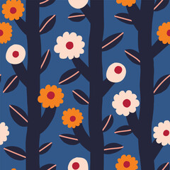 Wall Mural - Beautiful floral pattern with bold flowers and leaves. Botanical texture with vertical blooming plants. Simple and cute background with hand drawn flowers