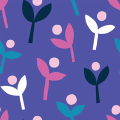 Wall Mural - Cute seamless pattern with abstract flowers and leaves. Vector botanical texture. Modern background with cut out plants