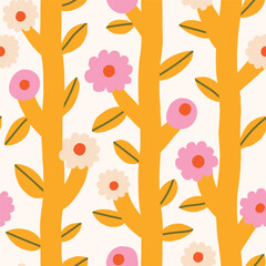 Wall Mural - Beautiful floral pattern with bold flowers and leaves. Botanical texture with vertical blooming plants. Simple and cute background with hand drawn flowers