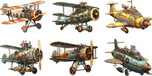 Military Steampunk Airplanes Colour Cartoon Sketch. Vintage Aircraft Set Vector Illustration, Retro Steam Punk Planes Ships In Sketchy Style On White Background