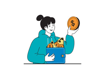Aufkleber - Finance concept with people scene in flat web design. Woman calculating financial budget, saving money in cash and coins in wallet. Vector illustration for social media banner, marketing material.