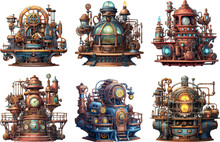 Steam-punk Complex Machines With Coggears And Lamplights. Retro Engines, Vintage Mechanism Set Colour Illustration On White Background
