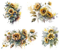 Watercolor Set Of Sunflower Bouquet On White Background. For Greeting Carts, Decor, Scrapbooking, Prints. Ai Generative.