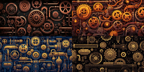 Vintage tech mechanical complex backgrounds. Power-driven mechanic reliable filigree swiss precision movement engine patterns