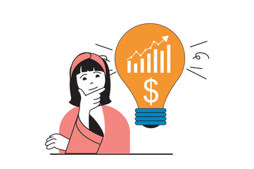 Poster - Finance concept with people scene in flat web design. Woman brainstorming and thinking of financial strategy for increase profit chart. Vector illustration for social media banner, marketing material.