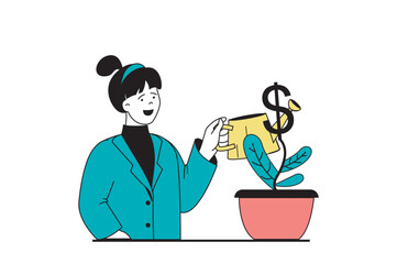 Aufkleber - Finance concept with people scene in flat web design. Woman growing her financial balance and increasing budget, watering money tree. Vector illustration for social media banner, marketing material.
