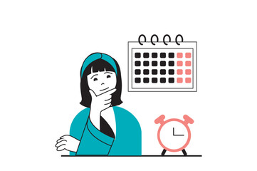 Wall Mural - Freelance concept with people scene in flat web design. Woman managing work time and making organization with deadline in calendar. Vector illustration for social media banner, marketing material.