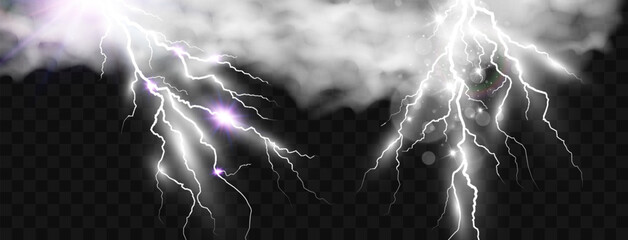 Vector image of realistic lightning. Flash of thunder on a transparent background.