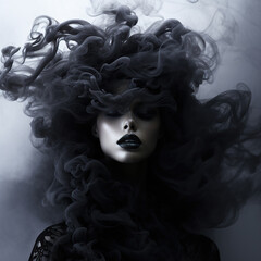 Wall Mural - A portrait of a mysterious woman with dark, wild hair and hauntingly beautiful smoke-filled clothing captures the eerie essence of halloween art