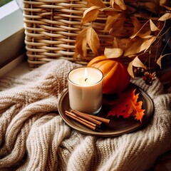 Wall Mural - Fall aesthetics, autumn interior decor with cozy blanket and burning candles