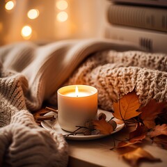 Wall Mural - Fall aesthetics, autumn interior decor with cozy blanket and burning candles