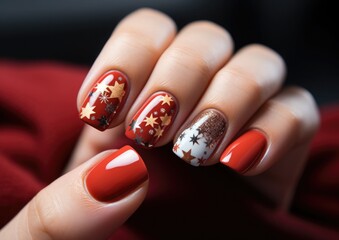 Christmas winter nail design that features classic Christmas elements, with red and green accents, snowflake patterns, and a touch of shimmer