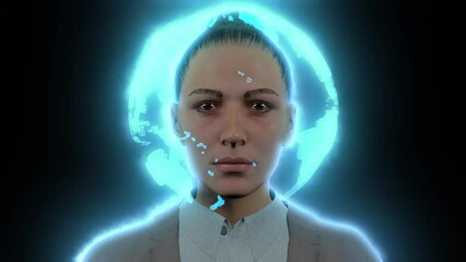 Poster - Computer model of women. A business woman contemplating a global deal. Cgi-actor.
