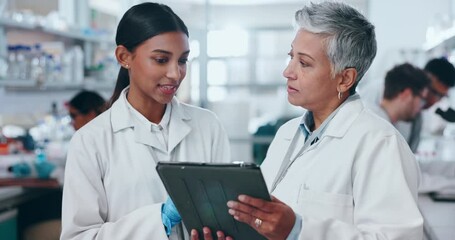 Poster - Science staff, tablet and women conversation in a laboratory for medical, healthcare and pharmaceutical research. Online data, discussion and scientist talk with clinic analysis and mentor teaching