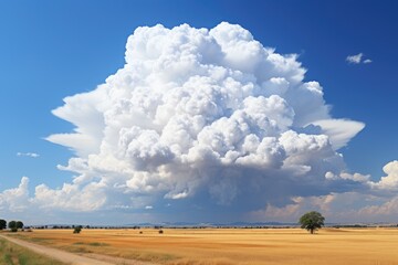 Rural landscape with thunderstorm cumulonimbus cloud and blue sky.