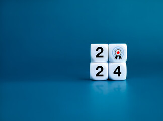 Poster - 2024 new year business goal and success background banner. Numbers and star award icon on white blocks stacked on blue background. Welcome, Merry Christmas, and Happy New Year in 2024.