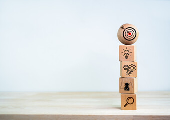 Poster - Business strategy with growth success process for leadership and teamwork concept. The action plan, business target icons on wooden sphere and wood cube blocks stack on white with copy space.
