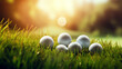 Close up of golf balls which are used in the golfing sports game by hitting with a club to score points and is a popular recreational pastime, Generative AI stock illustration image