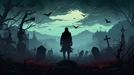 Landscape with a silhouette of a man walking in the misty scary graveyard in comic style, which can be used as background or wallpaper. Digital illustration generative AI.