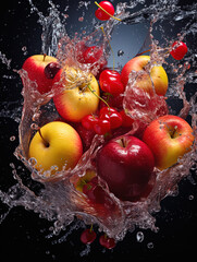  resh fruit splashing over water, generative ai