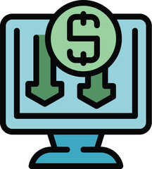 Sticker - Monitor cash back icon outline vector. Money reward. Coin refund color flat