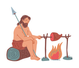 Ancient primitive caveman sits on a log with spear and cooks prey meat on fire, vector hand drawn Stone age illustration