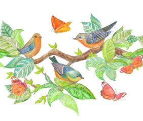 Wall Mural - seamless border with little pretty birds on a leafy branch of a tree and flying orange butterflies. watercolor painting